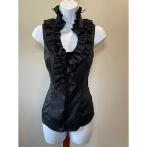White House Black Market Black Sleeveless Button‑Up Top - Ruffle Detail - Size 4